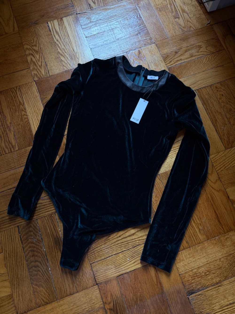 NWT ALIX Deep Teal Black Leather Trim Velvet Long Sleeve Bodysuit